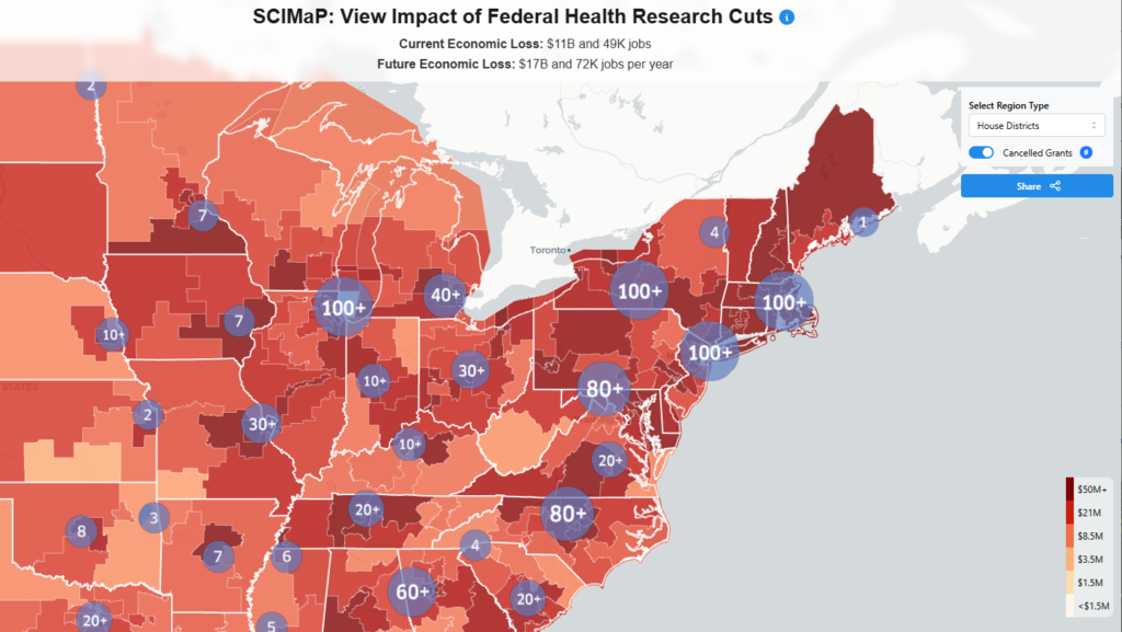 Map showing total monetary losses due to cancelled health-related grants at universities, hospitals and other facilities.